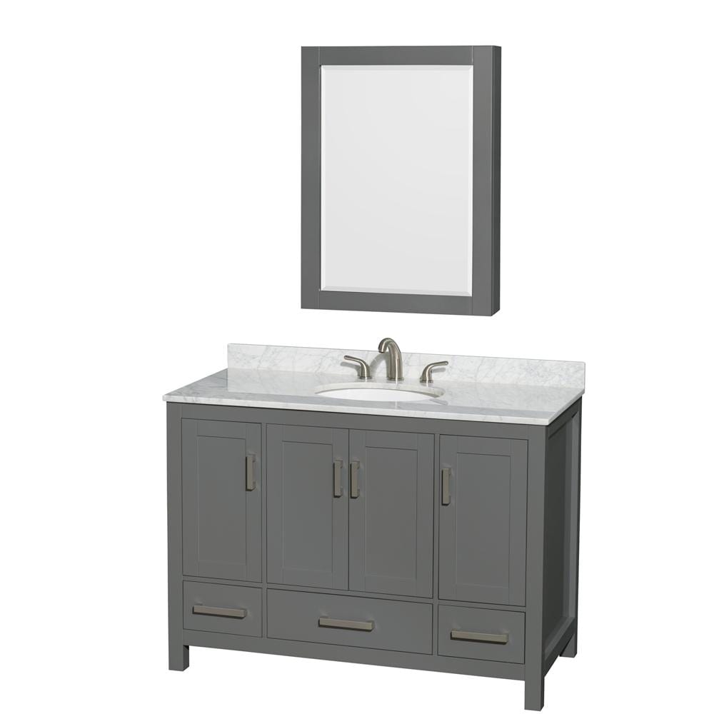 Wyndham Collection Vanity Wyndham Collection WCS141448SKGCMUNOMED Sheffield 48 Inch Single Bathroom Vanity in Dark Gray, White Carrara Marble Countertop, Undermount Oval Sink, and Medicine Cabinet