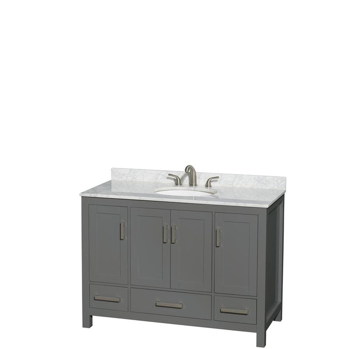 Wyndham Collection Vanity Wyndham Collection WCS141448SKGCMUNOMXX Sheffield 48 Inch Single Bathroom Vanity in Dark Gray, White Carrara Marble Countertop, Undermount Oval Sink, and No Mirror