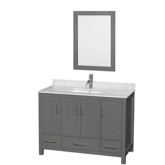 Wyndham Collection Vanity Wyndham Collection WCS141448SKGCMUNSM24 Sheffield 48 Inch Single Bathroom Vanity in Dark Gray, White Carrara Marble Countertop, Undermount Square Sink, and 24 Inch Mirror