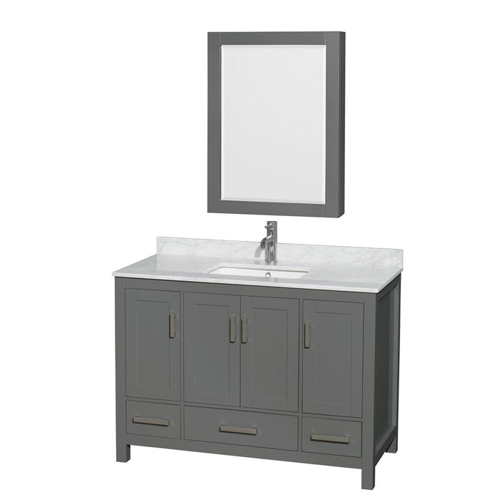 Wyndham Collection Vanity Wyndham Collection WCS141448SKGCMUNSMED Sheffield 48 Inch Single Bathroom Vanity in Dark Gray, White Carrara Marble Countertop, Undermount Square Sink, and Medicine Cabinet