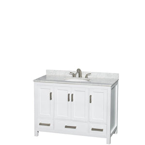 Wyndham Collection Vanity Wyndham Collection WCS141448SWHCMUNOMXX Sheffield 48 Inch Single Bathroom Vanity in White, White Carrara Marble Countertop, Undermount Oval Sink, and No Mirror