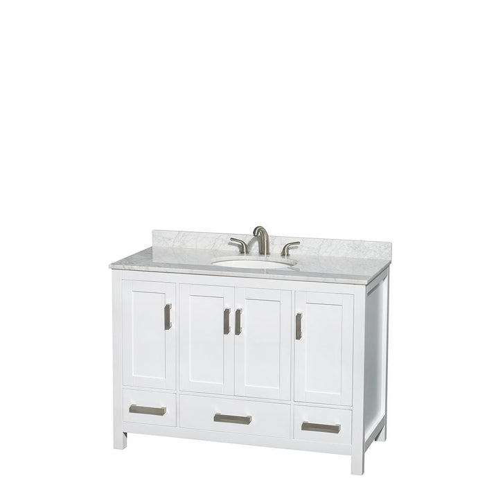 Wyndham Collection Vanity Wyndham Collection WCS141448SWHCMUNOMXX Sheffield 48 Inch Single Bathroom Vanity in White, White Carrara Marble Countertop, Undermount Oval Sink, and No Mirror