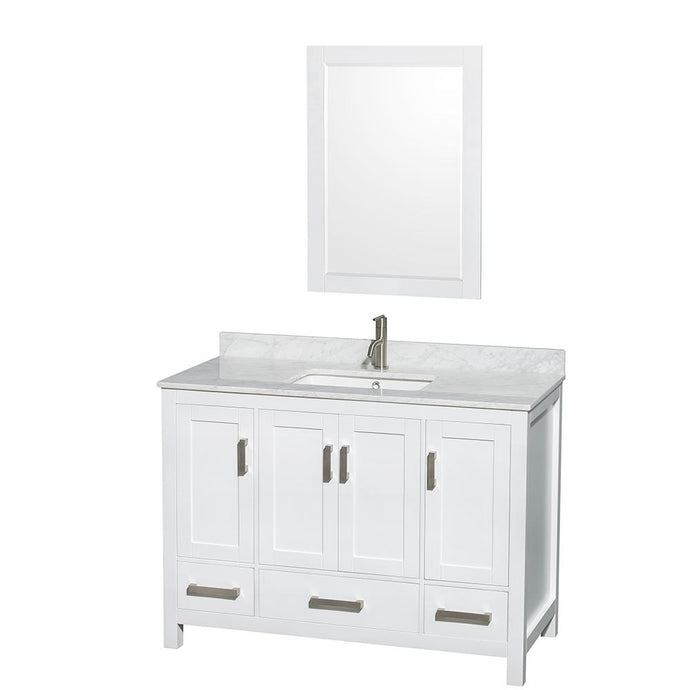Wyndham Collection Vanity Wyndham Collection WCS141448SWHCMUNSM24 Sheffield 48 Inch Single Bathroom Vanity in White, White Carrara Marble Countertop, Undermount Square Sink, and 24 Inch Mirror