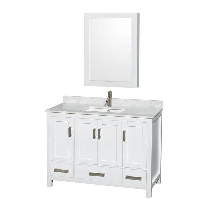 Wyndham Collection Vanity Wyndham Collection WCS141448SWHCMUNSMED Sheffield 48 Inch Single Bathroom Vanity in White, White Carrara Marble Countertop, Undermount Square Sink, and Medicine Cabinet