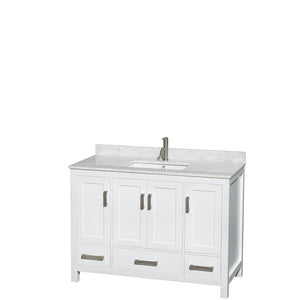 Wyndham Collection Vanity Wyndham Collection WCS141448SWHCMUNSMXX Sheffield 48 Inch Single Bathroom Vanity in White, White Carrara Marble Countertop, Undermount Square Sink, and No Mirror