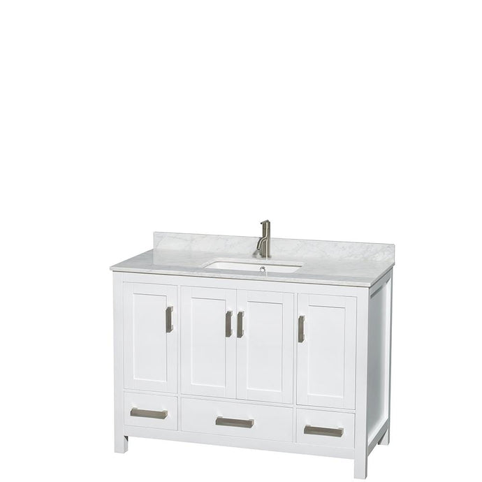 Wyndham Collection Vanity Wyndham Collection WCS141448SWHCMUNSMXX Sheffield 48 Inch Single Bathroom Vanity in White, White Carrara Marble Countertop, Undermount Square Sink, and No Mirror