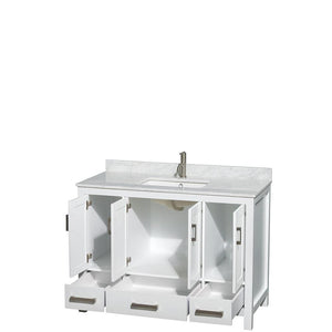 Wyndham Collection Vanity Wyndham Collection WCS141448SWHCMUNSMXX Sheffield 48 Inch Single Bathroom Vanity in White, White Carrara Marble Countertop, Undermount Square Sink, and No Mirror