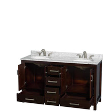 Load image into Gallery viewer, Wyndham Collection Vanity Wyndham Collection WCS141460DESCMUNOMXX Sheffield 60 Inch Double Bathroom Vanity in Espresso, White Carrara Marble Countertop, Undermount Oval Sinks, and No Mirror