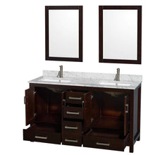 Load image into Gallery viewer, Wyndham Collection WCS141460DESCMUNSM24 Sheffield 60 Inch Double Bathroom Vanity in Espresso, White Carrara Marble Countertop, Undermount Square Sinks, and 24 Inch Mirrors