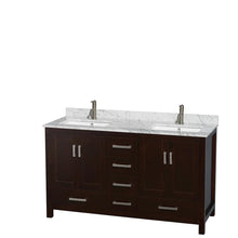 Load image into Gallery viewer, Wyndham Collection Vanity Wyndham Collection WCS141460DESCMUNSM24 Sheffield 60 Inch Double Bathroom Vanity in Espresso, White Carrara Marble Countertop, Undermount Square Sinks, and 24 Inch Mirrors