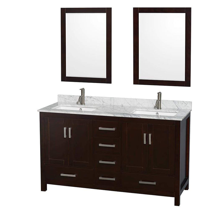 Wyndham Collection Vanity Wyndham Collection WCS141460DESCMUNSM24 Sheffield 60 Inch Double Bathroom Vanity in Espresso, White Carrara Marble Countertop, Undermount Square Sinks, and 24 Inch Mirrors