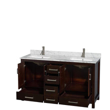 Load image into Gallery viewer, Wyndham Collection Vanity Wyndham Collection WCS141460DESCMUNSMXX Sheffield 60 Inch Double Bathroom Vanity in Espresso, White Carrara Marble Countertop, Undermount Square Sinks, and No Mirror