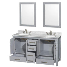 Load image into Gallery viewer, Wyndham Collection Vanity Wyndham Collection WCS141460DGYCMUNOM24 Sheffield 60 Inch Double Bathroom Vanity in Gray, White Carrara Marble Countertop, Undermount Oval Sinks, and 24 Inch Mirrors