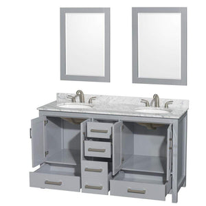 Wyndham Collection Vanity Wyndham Collection WCS141460DGYCMUNOM24 Sheffield 60 Inch Double Bathroom Vanity in Gray, White Carrara Marble Countertop, Undermount Oval Sinks, and 24 Inch Mirrors