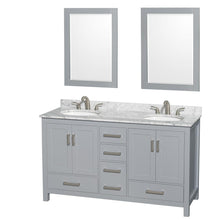Load image into Gallery viewer, Wyndham Collection Vanity Wyndham Collection WCS141460DGYCMUNOM24 Sheffield 60 Inch Double Bathroom Vanity in Gray, White Carrara Marble Countertop, Undermount Oval Sinks, and 24 Inch Mirrors