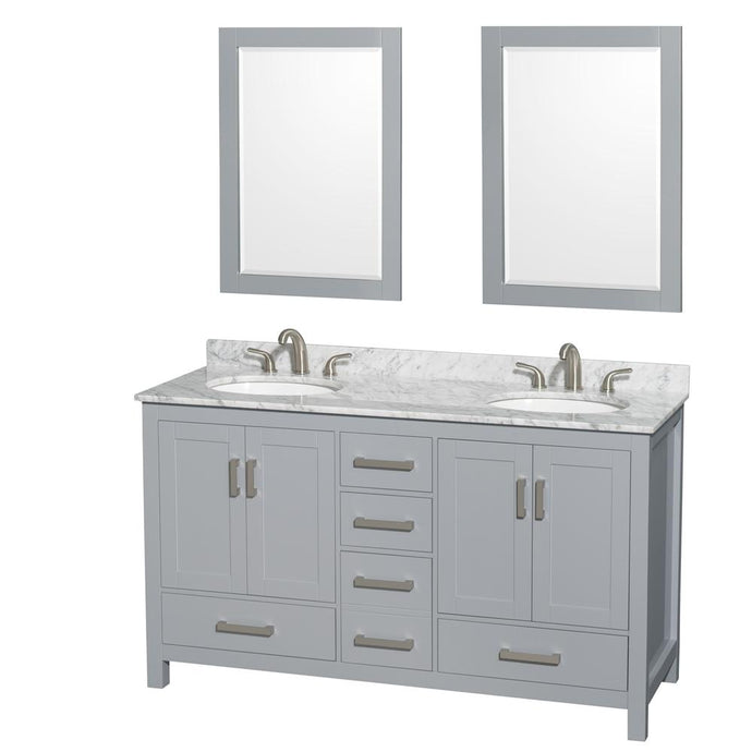 Wyndham Collection Vanity Wyndham Collection WCS141460DGYCMUNOM24 Sheffield 60 Inch Double Bathroom Vanity in Gray, White Carrara Marble Countertop, Undermount Oval Sinks, and 24 Inch Mirrors