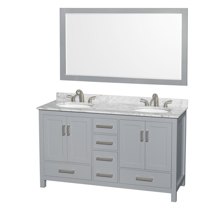 Wyndham Collection Vanity Wyndham Collection WCS141460DGYCMUNOM58 Sheffield 60 Inch Double Bathroom Vanity in Gray, White Carrara Marble Countertop, Undermount Oval Sinks, and 58 Inch Mirror
