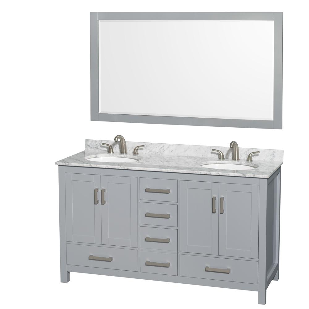 Wyndham Collection Vanity Wyndham Collection WCS141460DGYCMUNOM58 Sheffield 60 Inch Double Bathroom Vanity in Gray, White Carrara Marble Countertop, Undermount Oval Sinks, and 58 Inch Mirror