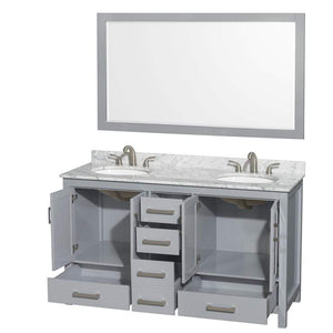 Wyndham Collection Vanity Wyndham Collection WCS141460DGYCMUNOM58 Sheffield 60 Inch Double Bathroom Vanity in Gray, White Carrara Marble Countertop, Undermount Oval Sinks, and 58 Inch Mirror