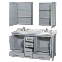 Load image into Gallery viewer, Wyndham Collection Vanity Wyndham Collection WCS141460DGYCMUNOMED Sheffield 60 Inch Double Bathroom Vanity in Gray, White Carrara Marble Countertop, Undermount Oval Sinks, and Medicine Cabinets
