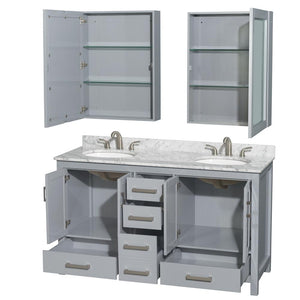 Wyndham Collection Vanity Wyndham Collection WCS141460DGYCMUNOMED Sheffield 60 Inch Double Bathroom Vanity in Gray, White Carrara Marble Countertop, Undermount Oval Sinks, and Medicine Cabinets