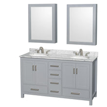 Load image into Gallery viewer, Wyndham Collection Vanity Wyndham Collection WCS141460DGYCMUNOMED Sheffield 60 Inch Double Bathroom Vanity in Gray, White Carrara Marble Countertop, Undermount Oval Sinks, and Medicine Cabinets
