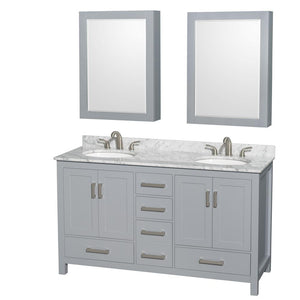 Wyndham Collection Vanity Wyndham Collection WCS141460DGYCMUNOMED Sheffield 60 Inch Double Bathroom Vanity in Gray, White Carrara Marble Countertop, Undermount Oval Sinks, and Medicine Cabinets