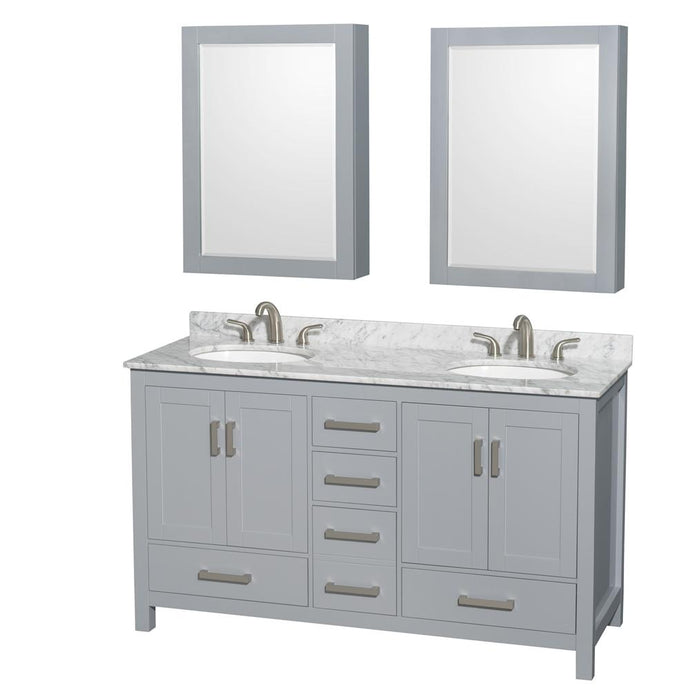 Wyndham Collection Vanity Wyndham Collection WCS141460DGYCMUNOMED Sheffield 60 Inch Double Bathroom Vanity in Gray, White Carrara Marble Countertop, Undermount Oval Sinks, and Medicine Cabinets