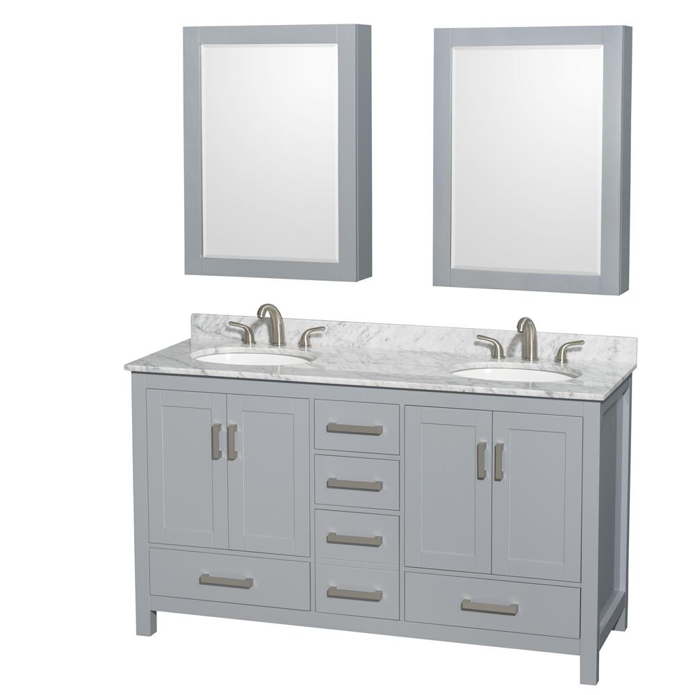 Wyndham Collection Vanity Wyndham Collection WCS141460DGYCMUNOMED Sheffield 60 Inch Double Bathroom Vanity in Gray, White Carrara Marble Countertop, Undermount Oval Sinks, and Medicine Cabinets