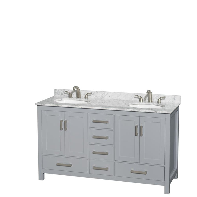 Wyndham Collection Vanity Wyndham Collection WCS141460DGYCMUNOMXX Sheffield 60 Inch Double Bathroom Vanity in Gray, White Carrara Marble Countertop, Undermount Oval Sinks, and No Mirror