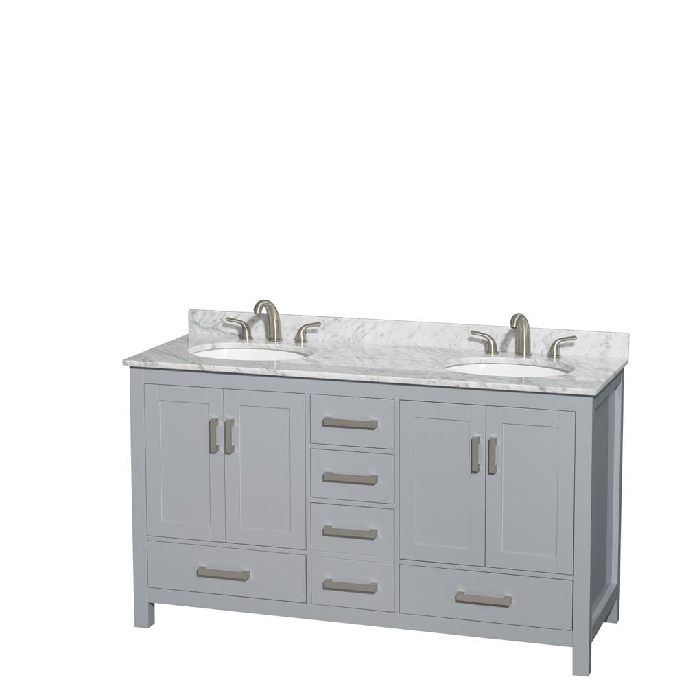 Wyndham Collection Vanity Wyndham Collection WCS141460DGYCMUNOMXX Sheffield 60 Inch Double Bathroom Vanity in Gray, White Carrara Marble Countertop, Undermount Oval Sinks, and No Mirror