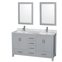 Load image into Gallery viewer, Wyndham Collection Vanity Wyndham Collection WCS141460DGYCMUNSM24 Sheffield 60 Inch Double Bathroom Vanity in Gray, White Carrara Marble Countertop, Undermount Square Sinks, and 24 Inch Mirrors