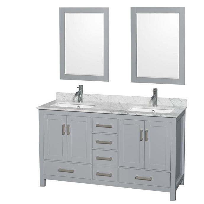 Wyndham Collection Vanity Wyndham Collection WCS141460DGYCMUNSM24 Sheffield 60 Inch Double Bathroom Vanity in Gray, White Carrara Marble Countertop, Undermount Square Sinks, and 24 Inch Mirrors
