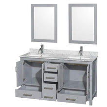 Load image into Gallery viewer, Wyndham Collection Vanity Wyndham Collection WCS141460DGYCMUNSM24 Sheffield 60 Inch Double Bathroom Vanity in Gray, White Carrara Marble Countertop, Undermount Square Sinks, and 24 Inch Mirrors