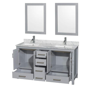 Wyndham Collection Vanity Wyndham Collection WCS141460DGYCMUNSM24 Sheffield 60 Inch Double Bathroom Vanity in Gray, White Carrara Marble Countertop, Undermount Square Sinks, and 24 Inch Mirrors
