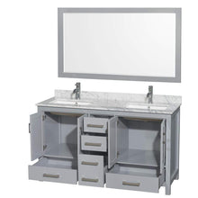 Load image into Gallery viewer, Wyndham Collection Vanity Wyndham Collection WCS141460DGYCMUNSM58 Sheffield 60 Inch Double Bathroom Vanity in Gray, White Carrara Marble Countertop, Undermount Square Sinks, and 58 Inch Mirror