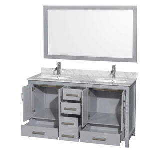 Wyndham Collection Vanity Wyndham Collection WCS141460DGYCMUNSM58 Sheffield 60 Inch Double Bathroom Vanity in Gray, White Carrara Marble Countertop, Undermount Square Sinks, and 58 Inch Mirror