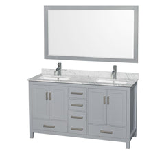 Load image into Gallery viewer, Wyndham Collection Vanity Wyndham Collection WCS141460DGYCMUNSM58 Sheffield 60 Inch Double Bathroom Vanity in Gray, White Carrara Marble Countertop, Undermount Square Sinks, and 58 Inch Mirror