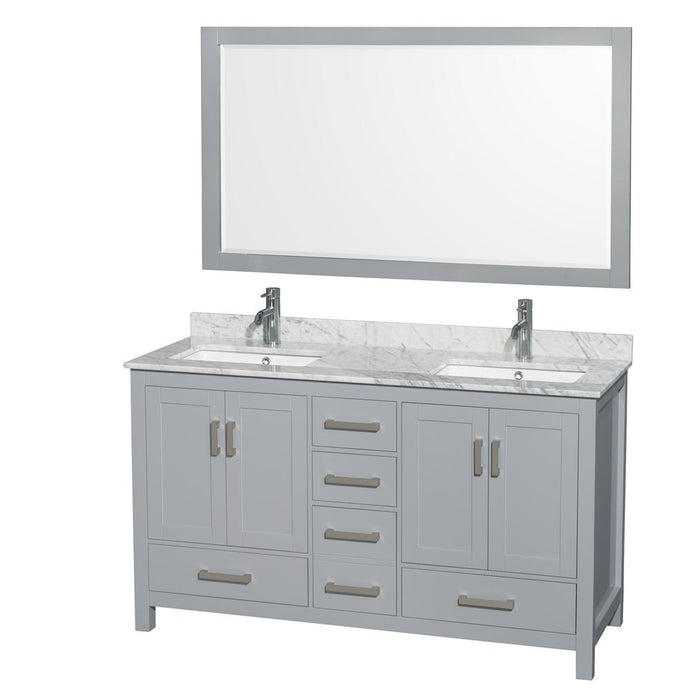 Wyndham Collection Vanity Wyndham Collection WCS141460DGYCMUNSM58 Sheffield 60 Inch Double Bathroom Vanity in Gray, White Carrara Marble Countertop, Undermount Square Sinks, and 58 Inch Mirror