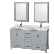 Load image into Gallery viewer, Wyndham Collection Vanity Wyndham Collection WCS141460DGYCMUNSMED Sheffield 60 Inch Double Bathroom Vanity in Gray, White Carrara Marble Countertop, Undermount Square Sinks, and Medicine Cabinets
