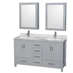 Wyndham Collection Vanity Wyndham Collection WCS141460DGYCMUNSMED Sheffield 60 Inch Double Bathroom Vanity in Gray, White Carrara Marble Countertop, Undermount Square Sinks, and Medicine Cabinets