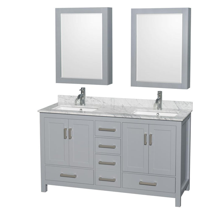 Wyndham Collection Vanity Wyndham Collection WCS141460DGYCMUNSMED Sheffield 60 Inch Double Bathroom Vanity in Gray, White Carrara Marble Countertop, Undermount Square Sinks, and Medicine Cabinets