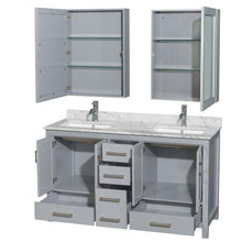 Load image into Gallery viewer, Wyndham Collection Vanity Wyndham Collection WCS141460DGYCMUNSMED Sheffield 60 Inch Double Bathroom Vanity in Gray, White Carrara Marble Countertop, Undermount Square Sinks, and Medicine Cabinets