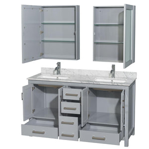Wyndham Collection Vanity Wyndham Collection WCS141460DGYCMUNSMED Sheffield 60 Inch Double Bathroom Vanity in Gray, White Carrara Marble Countertop, Undermount Square Sinks, and Medicine Cabinets
