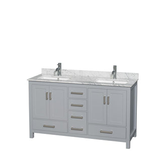 Wyndham Collection Vanity Wyndham Collection WCS141460DGYCMUNSMXX Sheffield 60 Inch Double Bathroom Vanity in Gray, White Carrara Marble Countertop, Undermount Square Sinks, and No Mirror