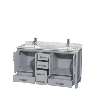 Wyndham Collection Vanity Wyndham Collection WCS141460DGYCMUNSMXX Sheffield 60 Inch Double Bathroom Vanity in Gray, White Carrara Marble Countertop, Undermount Square Sinks, and No Mirror