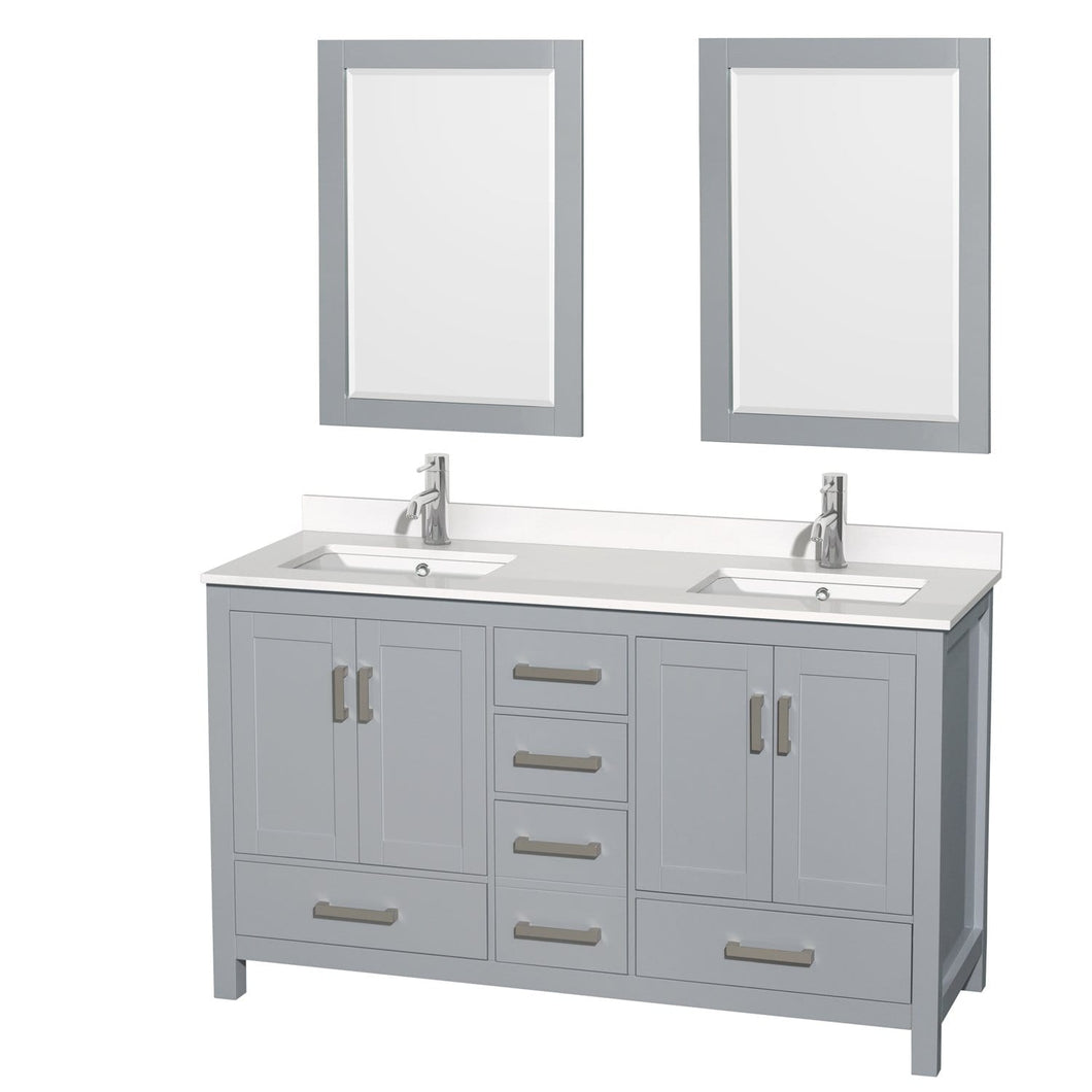 Wyndham Collection Vanity Wyndham Collection WCS141460DGYWQUNSM24 Sheffield 60 Inch Double Bathroom Vanity in Gray, White Quartz Countertop, Undermount Square Sinks, 24 Inch Mirrors