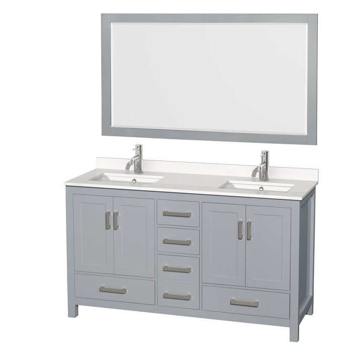 Wyndham Collection Vanity Wyndham Collection WCS141460DGYWQUNSM58 Sheffield 60 Inch Double Bathroom Vanity in Gray, White Quartz Countertop, Undermount Square Sinks, 58 Inch Mirror
