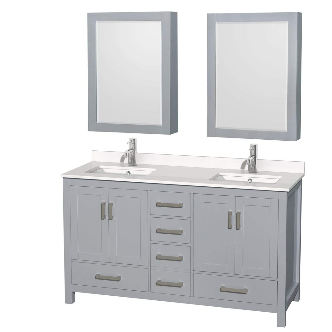 Wyndham Collection Vanity Wyndham Collection WCS141460DGYWQUNSMED Sheffield 60 Inch Double Bathroom Vanity in Gray, White Quartz Countertop, Undermount Square Sinks, Medicine Cabinets