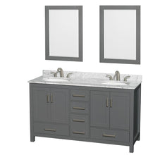 Load image into Gallery viewer, Wyndham Collection Vanity Wyndham Collection WCS141460DKGCMUNOM24 Sheffield 60 Inch Double Bathroom Vanity in Dark Gray, White Carrara Marble Countertop, Undermount Oval Sinks, and 24 Inch Mirrors